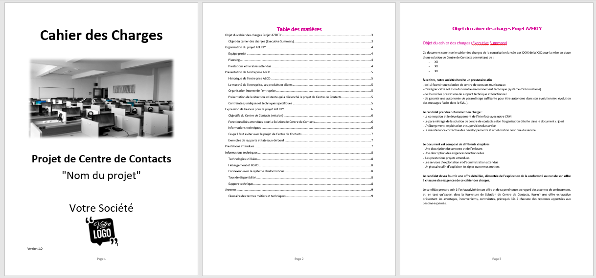 cahier des charges centre de contacts