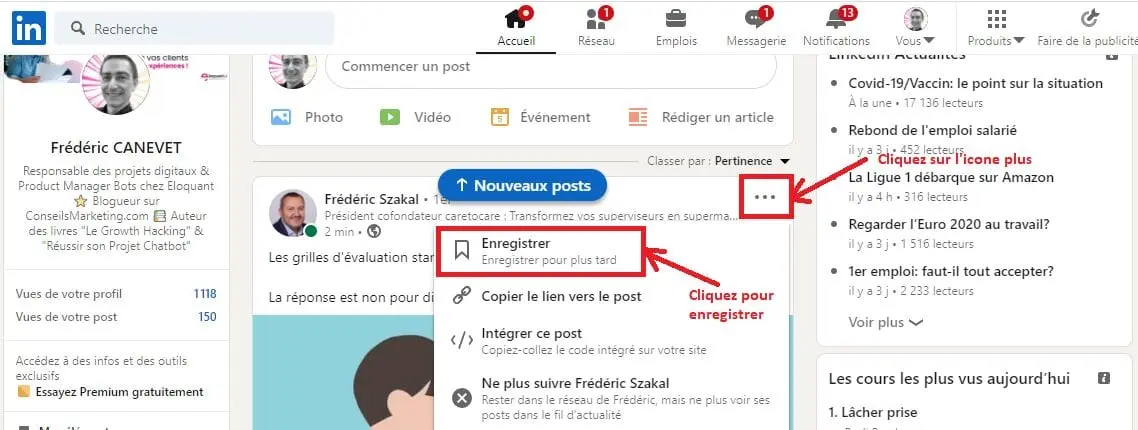 Comment sauvegarder un contenu intéressant sur Linkedin (un post linkedin, une vidéo...) pour le lire plus tard ? 3